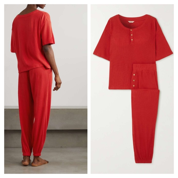 Eberjey Cozy Waffle Short Sleeve & Pant PJ Set Pyjamas Red Size Small - Picture 4 of 16